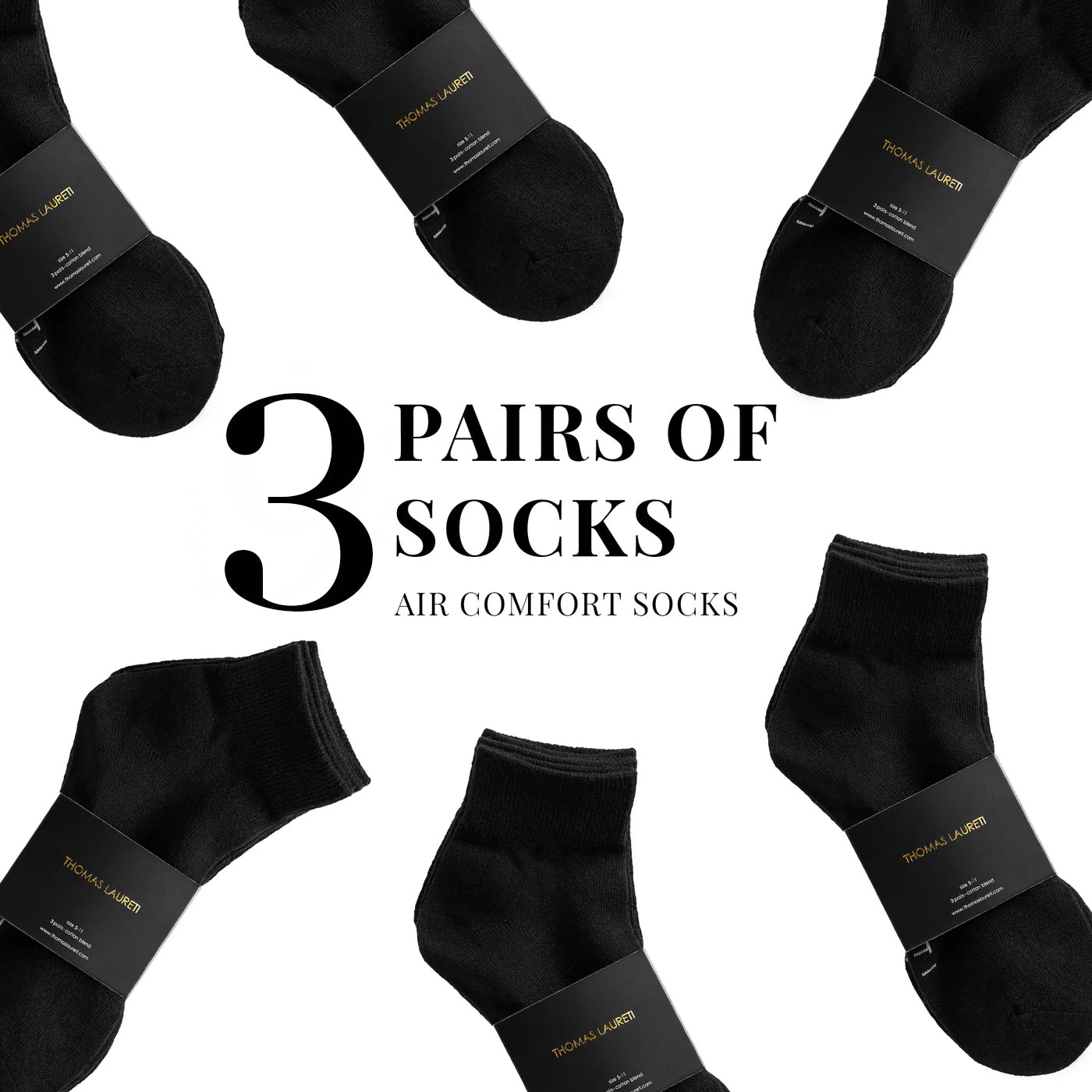 3 PAIRS LAURETI ABOVE ANKLE SOCKS ( UNISEX • FREE SIZE ) ( BLACK )