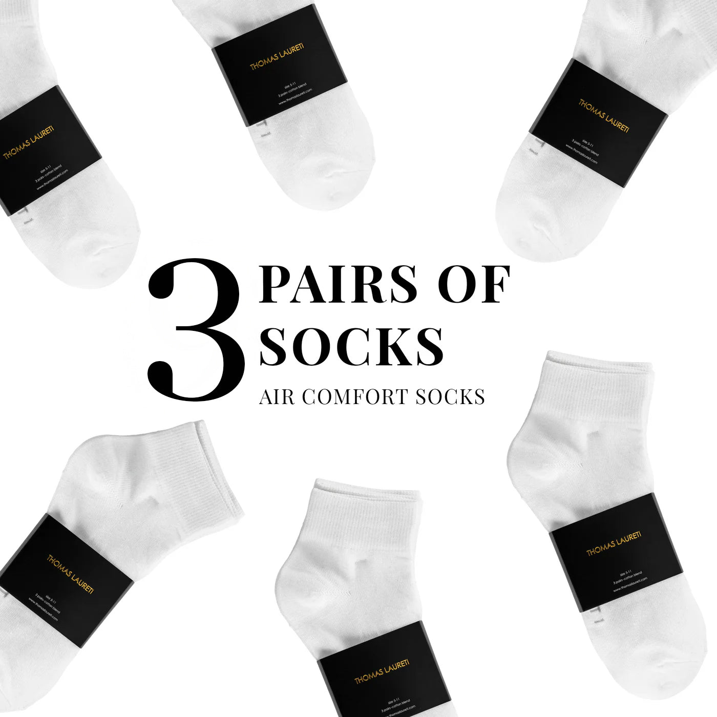 3 PAIRS LAURETI ABOVE ANKLE SOCKS ( UNISEX • FREE SIZE ) ( WHITE )