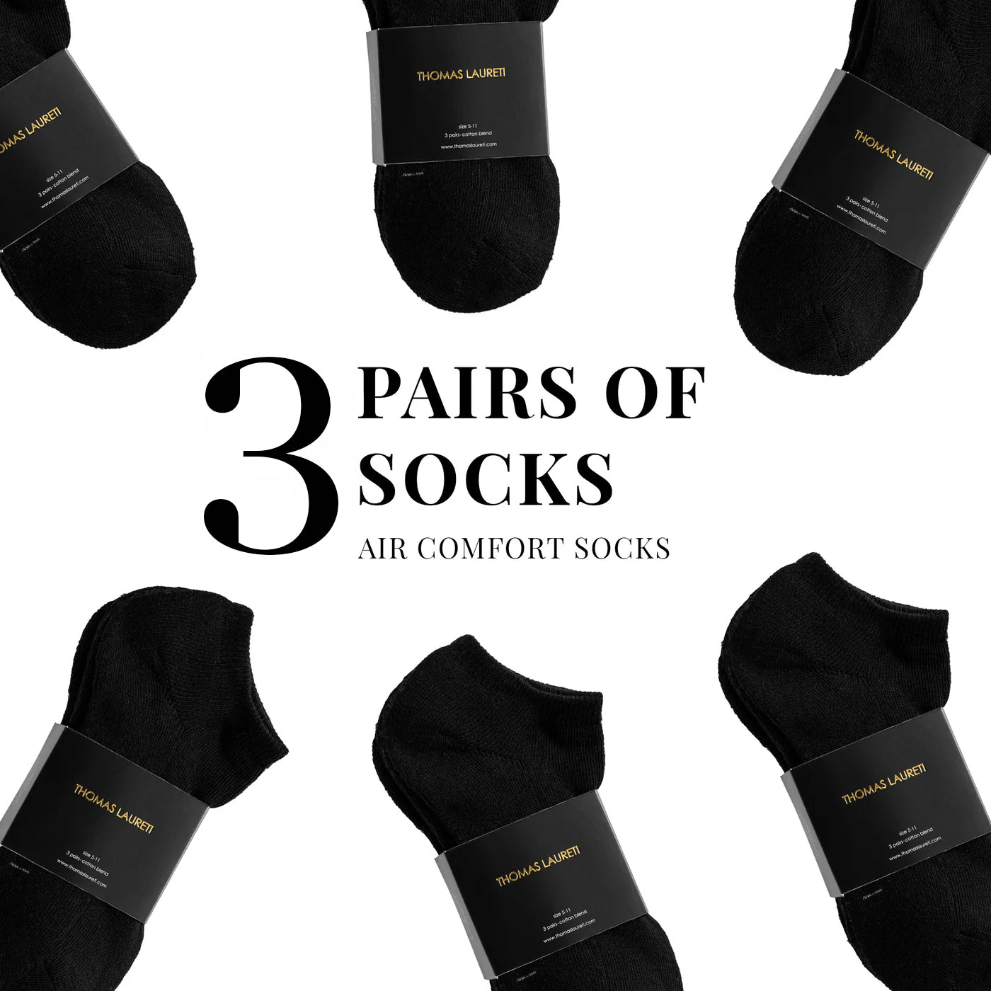 3 PAIRS LAURETI ANKLE SOCKS ( UNISEX • FREE SIZE ) ( BLACK )