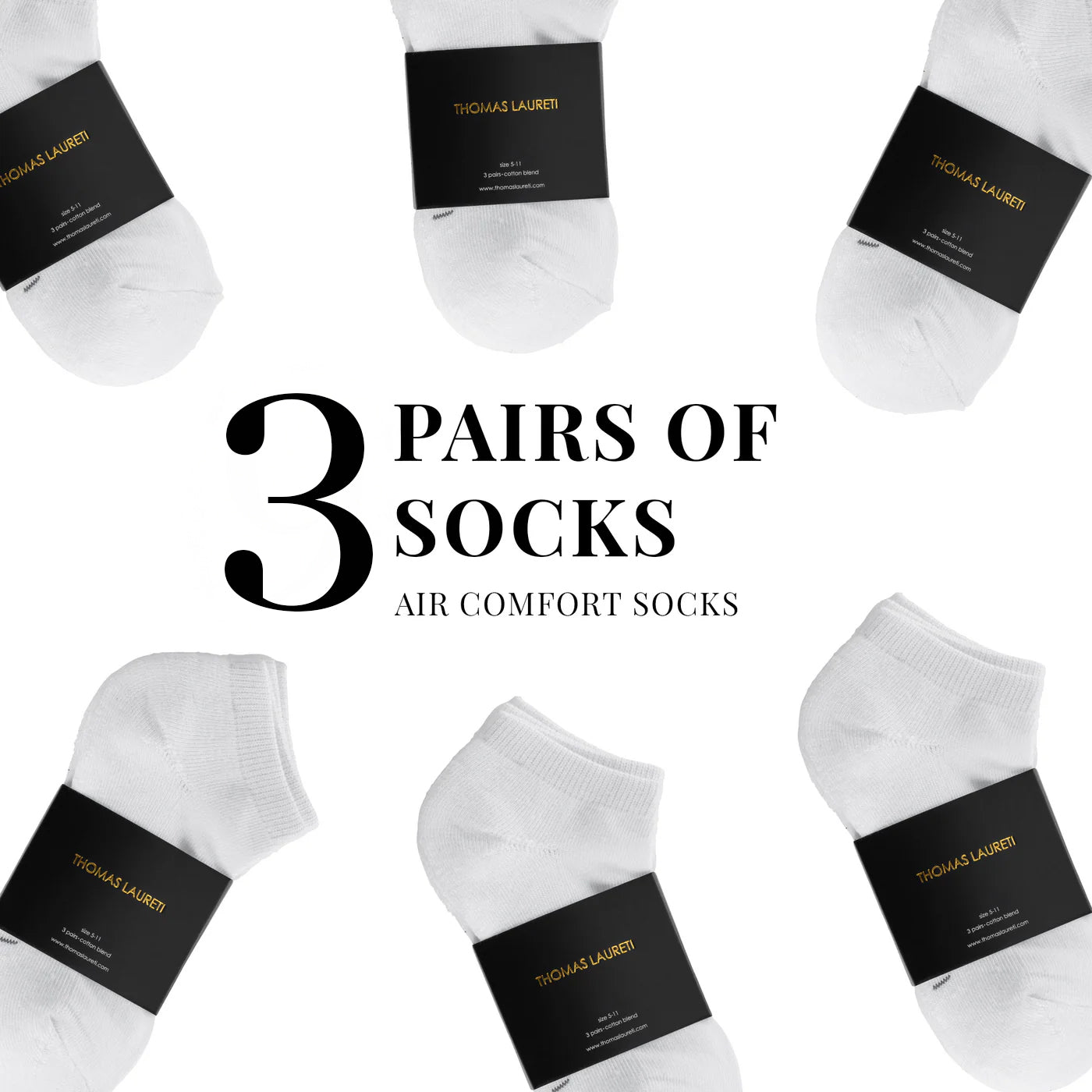 3 PAIRS LAURETI ANKLE SOCKS ( UNISEX • FREE SIZE ) ( WHITE )