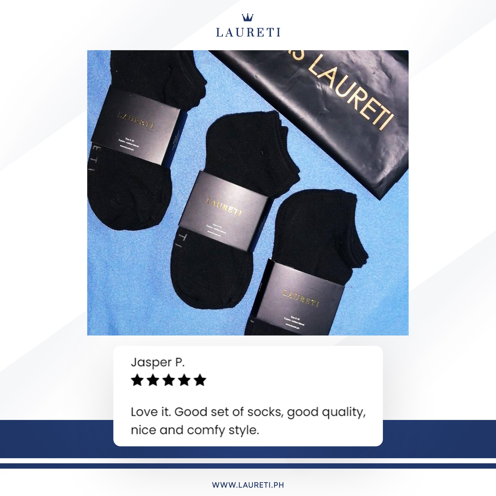 3 PAIRS LAURETI ANKLE SOCKS ( UNISEX • FREE SIZE ) ( BLACK )