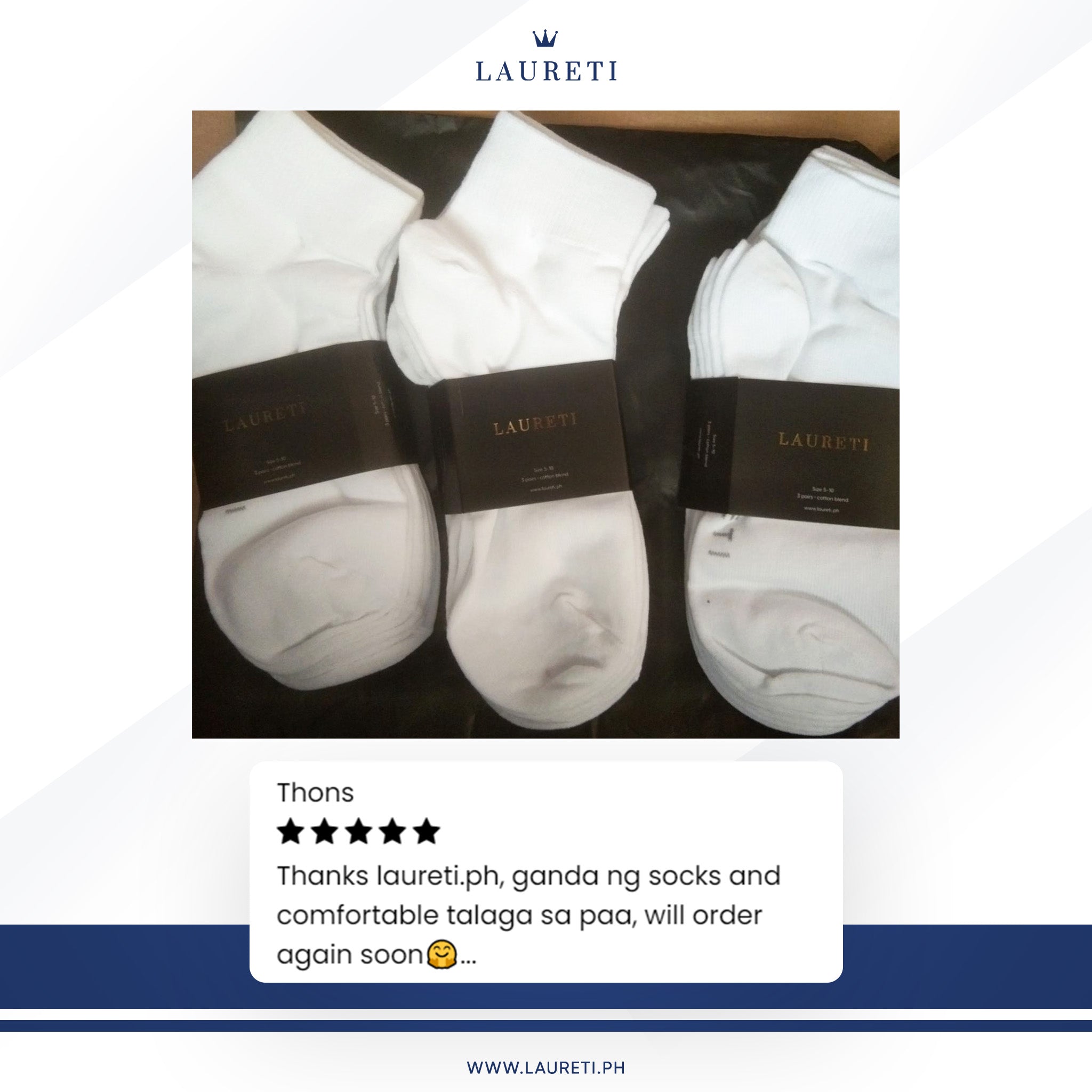 3 PAIRS LAURETI ABOVE ANKLE SOCKS ( UNISEX • FREE SIZE ) ( WHITE )