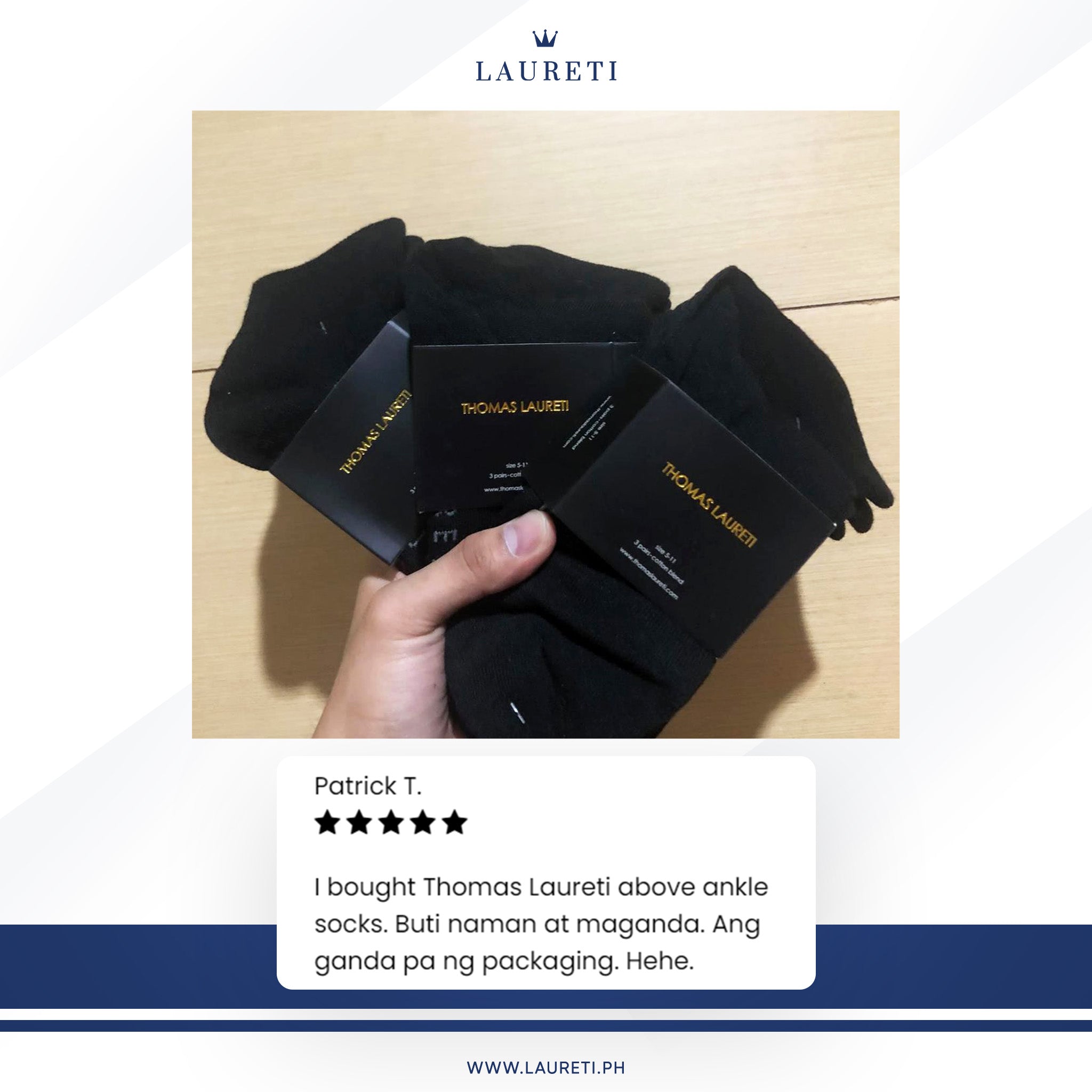 3 PAIRS LAURETI ABOVE ANKLE SOCKS ( UNISEX • FREE SIZE ) ( BLACK )