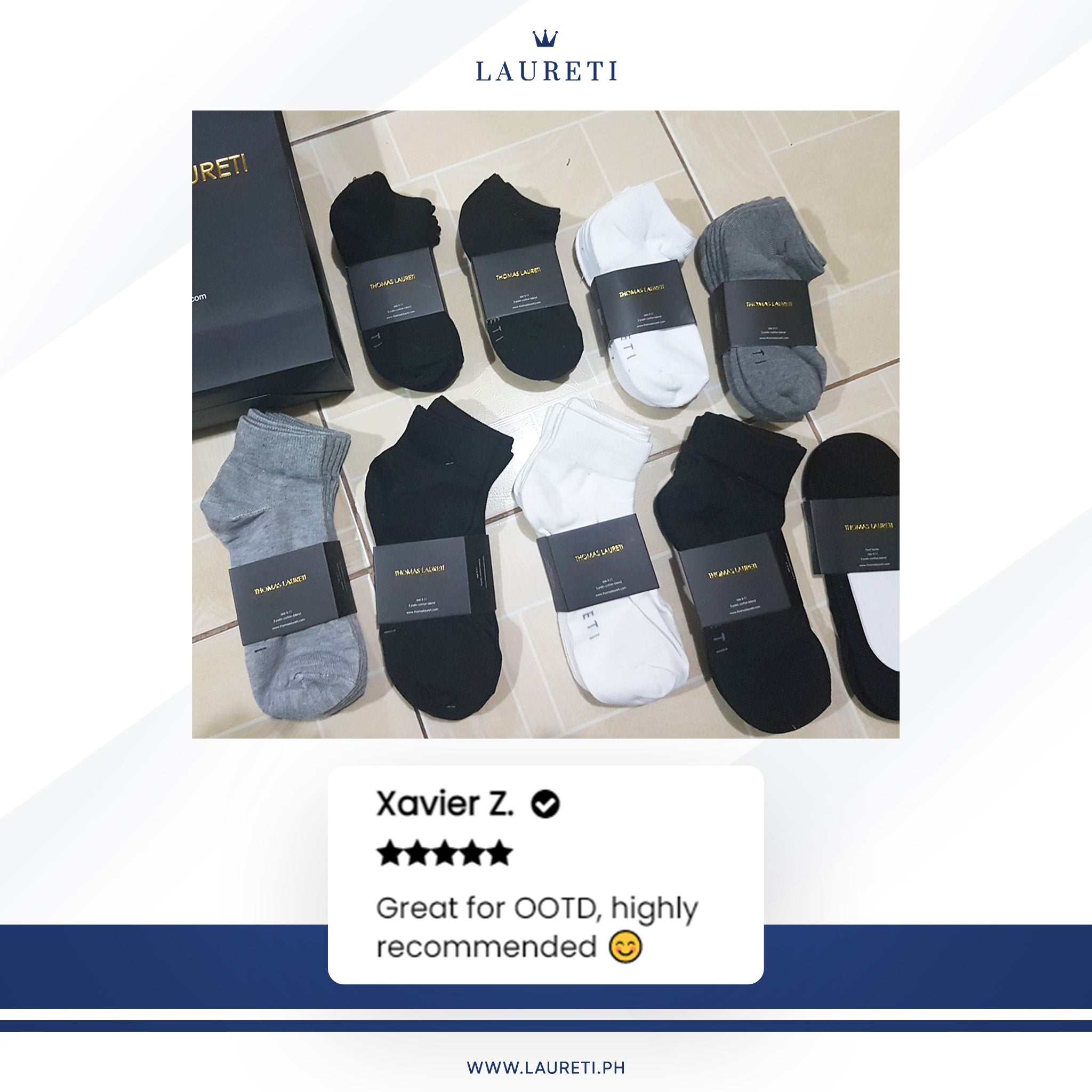 3 PAIRS LAURETI ABOVE ANKLE SOCKS ( UNISEX • FREE SIZE ) ( WHITE )