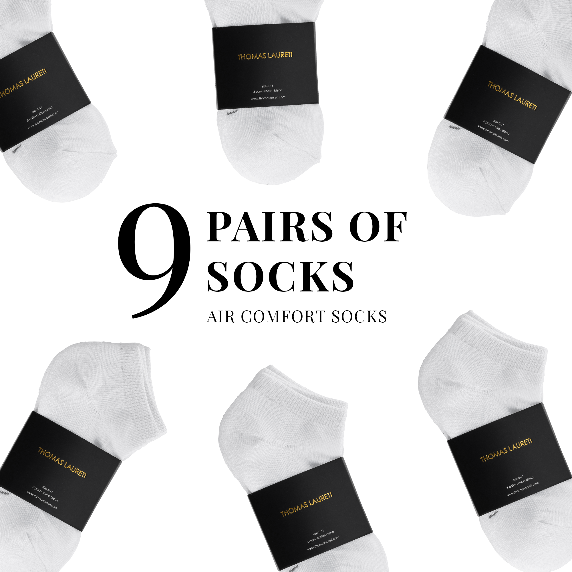 9 PAIRS LAURETI ANKLE SOCKS ( UNISEX • FREE SIZE ) ( WHITE )