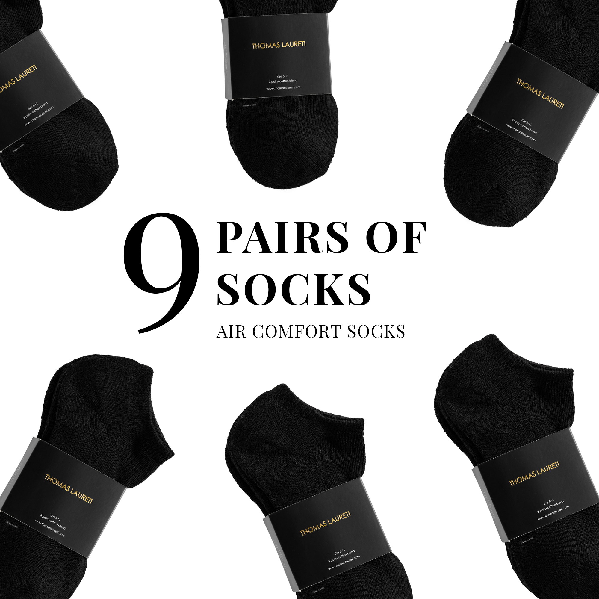 9 PAIRS LAURETI ANKLE SOCKS ( UNISEX • FREE SIZE ) ( BLACK )