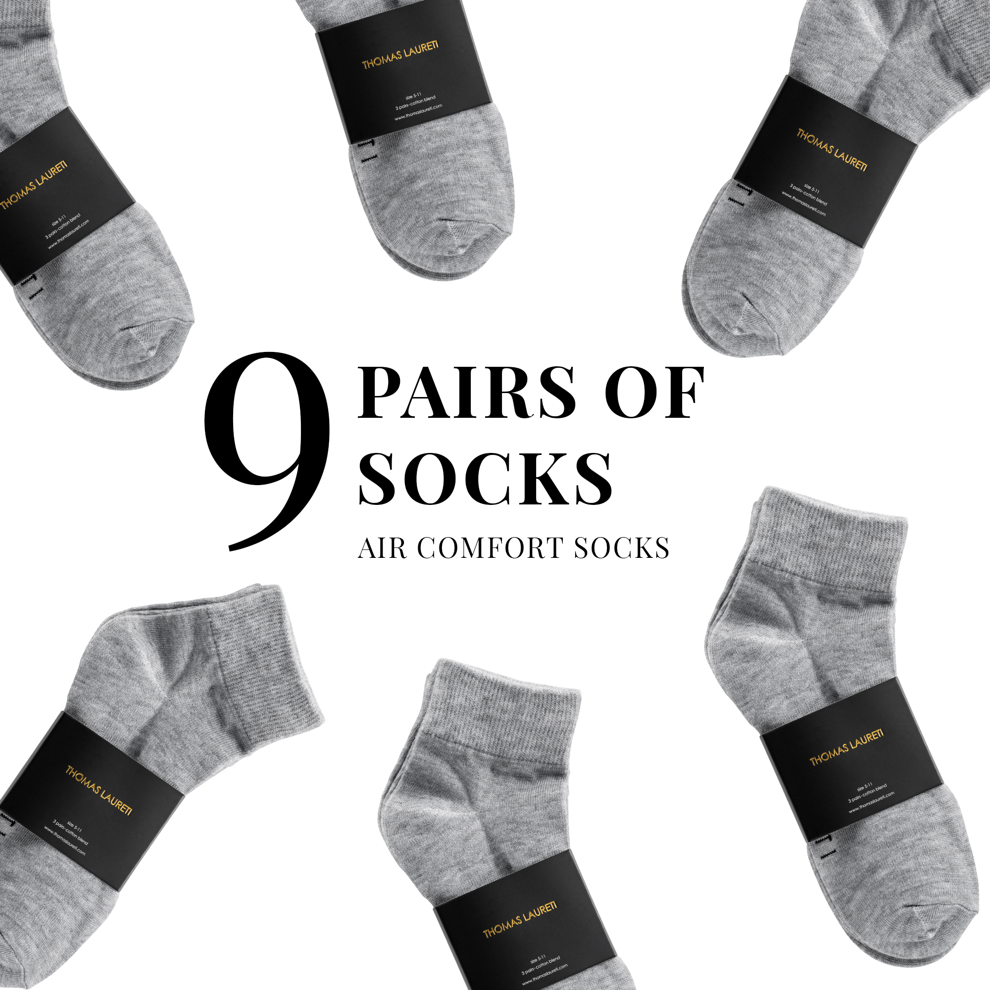 9 PAIRS LAURETI ABOVE ANKLE SOCKS ( UNISEX • FREE SIZE ) ( GRAY )