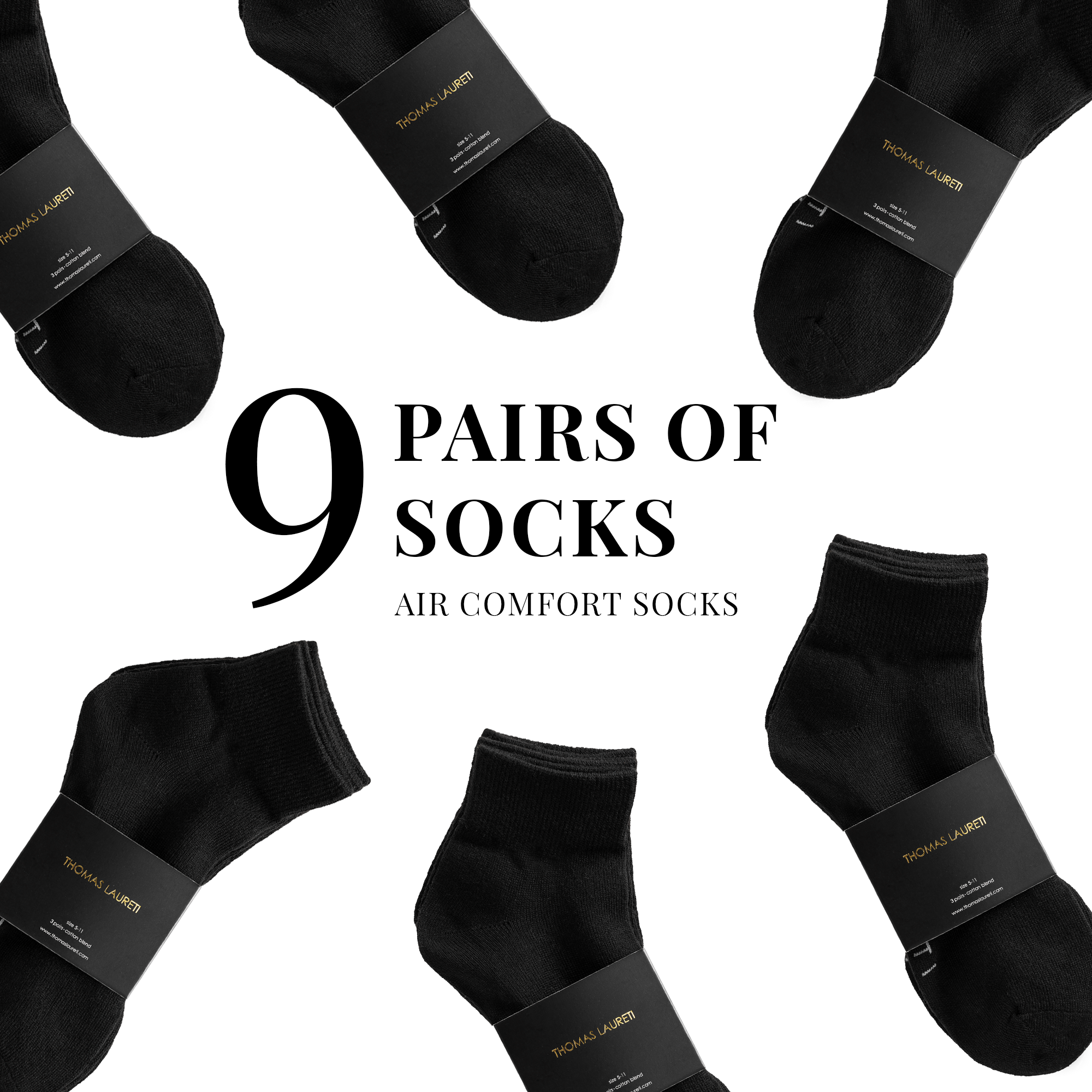 9 PAIRS LAURETI ABOVE ANKLE SOCKS ( UNISEX • FREE SIZE ) ( BLACK )