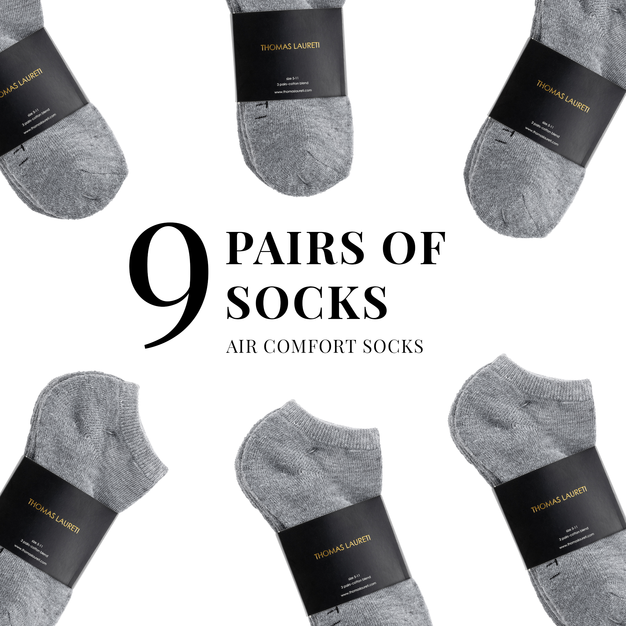 9 PAIRS LAURETI ANKLE SOCKS ( UNISEX • FREE SIZE ) ( GRAY )