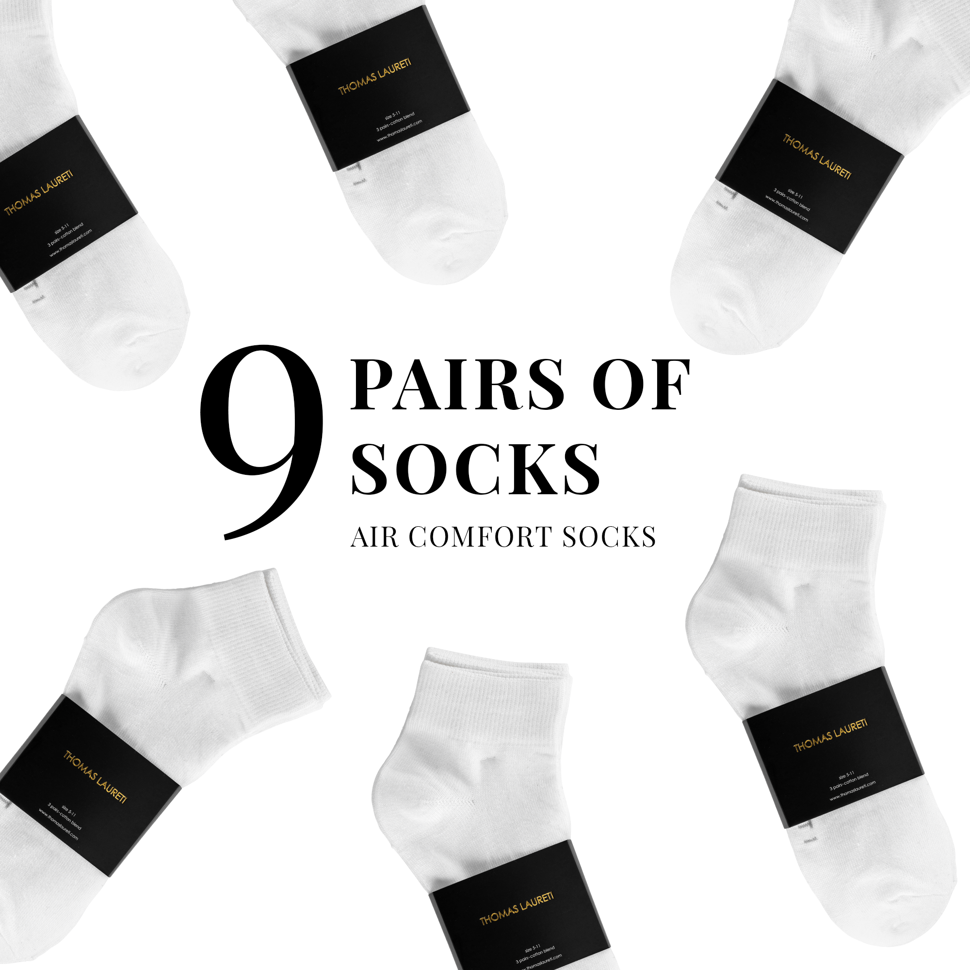 9 PAIRS LAURETI ABOVE ANKLE SOCKS ( UNISEX • FREE SIZE ) ( WHITE )