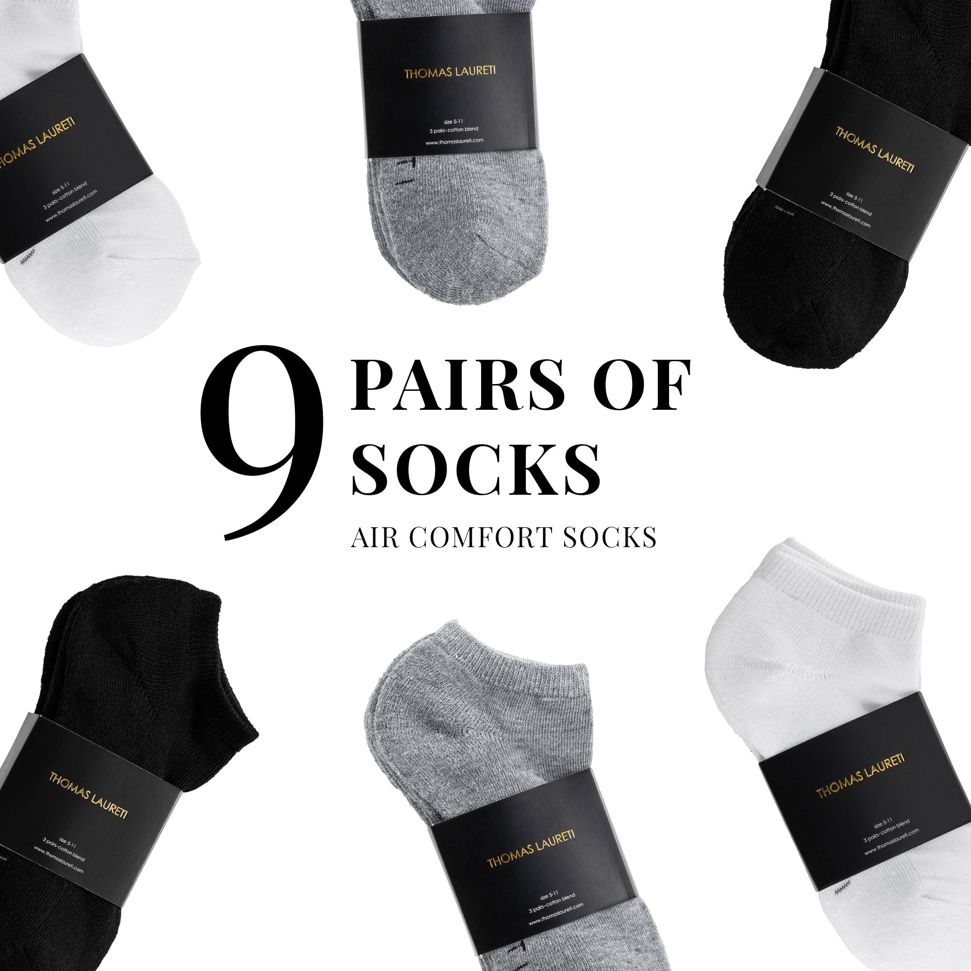 9 PAIRS LAURETI ANKLE SOCKS ( UNISEX • FREE SIZE ) ( ASSORTED )